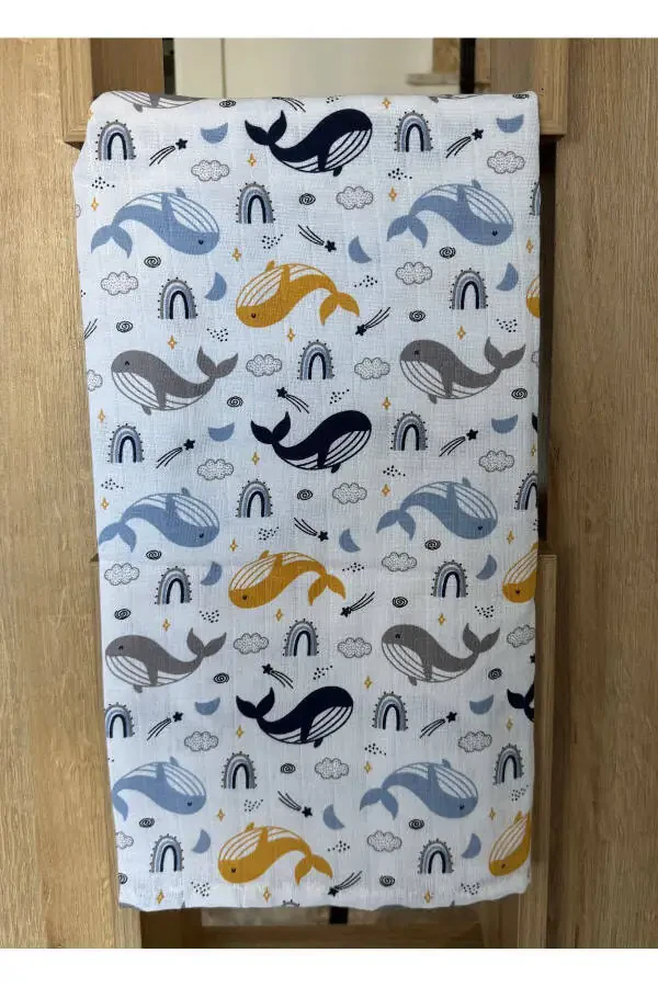 Multi-Purpose Whale Patterned Muslin Baby Blanket - 1