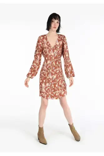 Multicolored, V-neck printed women's dress. - 3