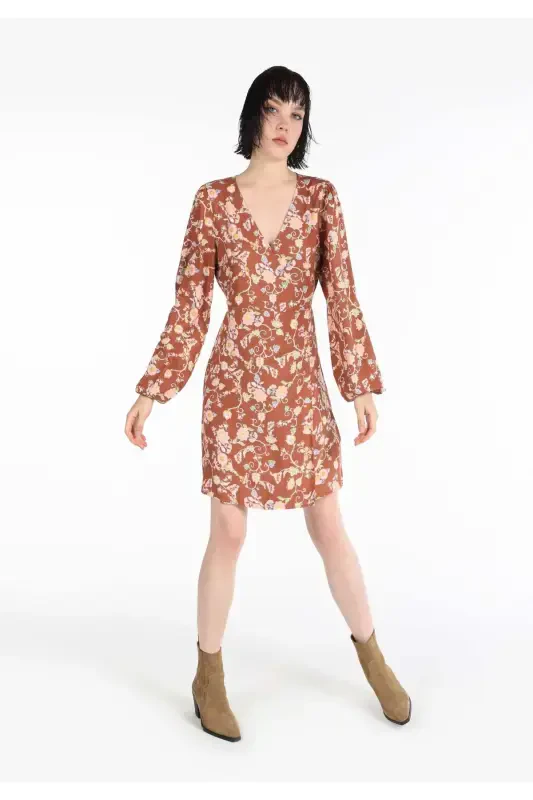 Multicolored, V-neck printed women's dress. - 3