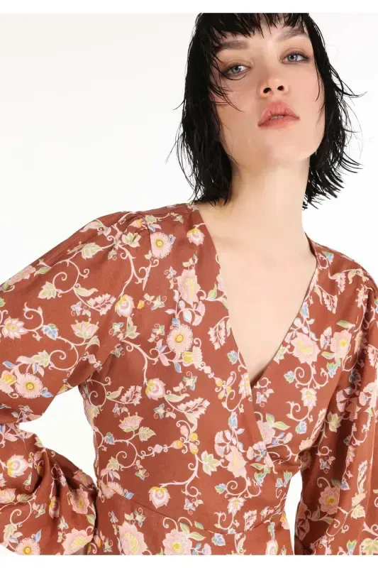 Multicolored, V-neck printed women's dress. - 4