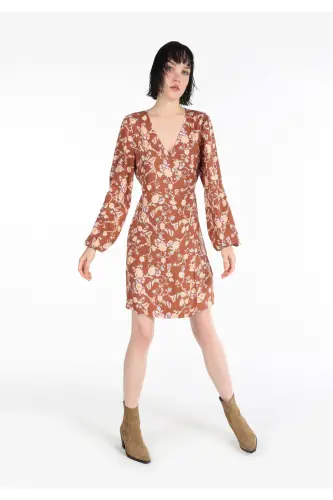 Multicolored, V-neck printed women's dress. - 3