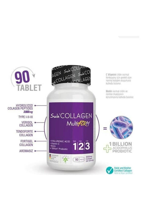 Multiform Collagen 90 Tablets Type 1 - Type 2 - Type 3 - 1 Billion Probiotic - Biotin - Vitamin C - 8