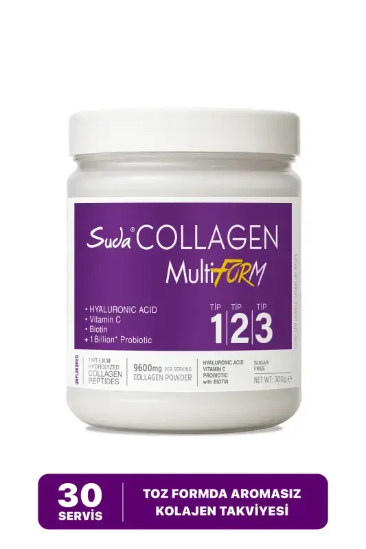 Multiform Toz Aromasız Kolajen- Tip I-II-III, C Vitamini, Biotin, Hyaluronik Asit, Probiyotik | 300g - 1