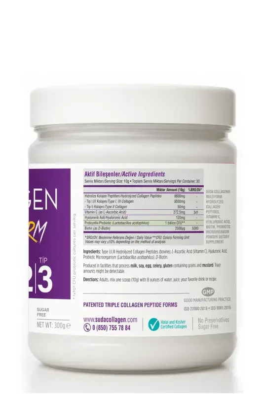 Multiform Toz Aromasız Kolajen- Tip I-II-III, C Vitamini, Biotin, Hyaluronik Asit, Probiyotik | 300g - 4