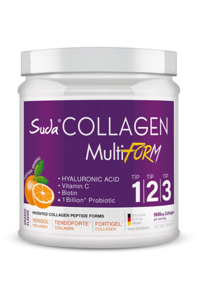 Multiform Orange Flavored Collagen 360gr - 9600 mg Hydrolyzed Collagen Peptide - Type 1, Type 2, Type 3 - 1