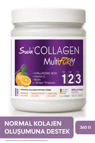 Multiform Orange Flavored Collagen 360gr - 9600 mg Hydrolyzed Collagen Peptide - Type 1, Type 2, Type 3 - 1