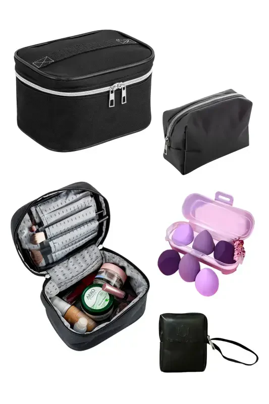 Multifunctional 3-piece Makeup Bag And 1 Piece Sponge Set - Black Patterned - NS RELIABLE