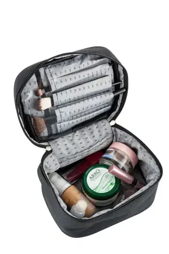 Multifunctional 3-piece Makeup Bag And 1 Piece Sponge Set - Black Patterned - 3