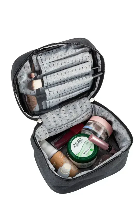 Multifunctional 3-piece Makeup Bag And 1 Piece Sponge Set - Black Patterned - 3