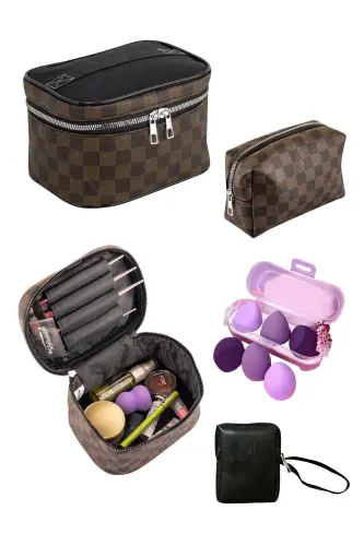 Multifunctional 3-piece Makeup Bag And 1 Piece Sponge Set - Checkered Pattern - 1
