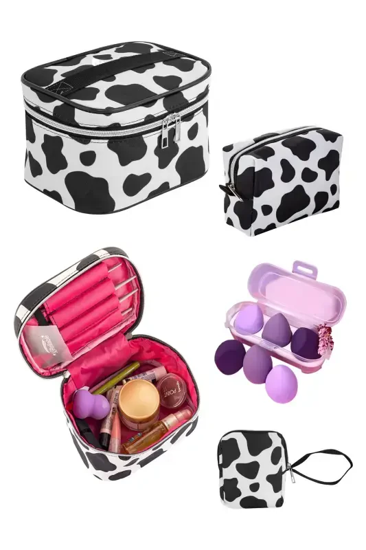 Multifunctional 3-piece Makeup Bag And 1 Piece Sponge Set-Dalmatian Pattern - NS RELIABLE