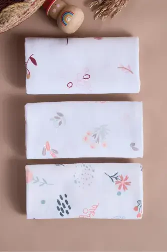 Multipurpose Muslin Swaddle & Blanket 3-Piece Set 100% Cotton Oeko-tex Certified 80x80 Cm-Crispy Flower - 1