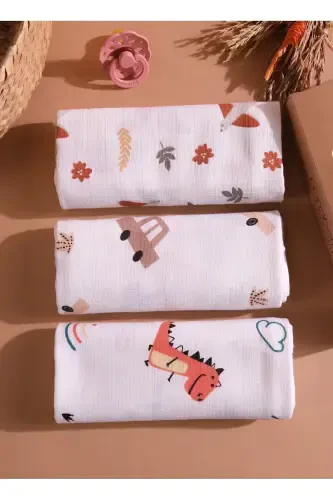 Multipurpose Muslin Swaddle & Blanket 3-Piece Set 100% Cotton Oeko-Tex Certified 80x80 Cm-ecru - BONDBERRO (1)