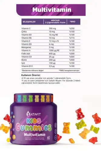 Multivitamin A,C,E,D3,B3.B5.B6.B12.Biotin,Iodine Gummies Kids - ATAVIT (1)