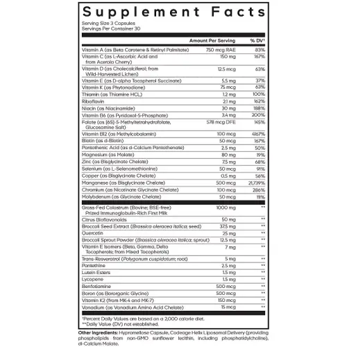 Multivitamin Recovery Elite Max Supplement - A, C, D, E, B-Kompleks vitaminlari, Muhim minerallar, Antioksidantlar, Colostrum, Fitonutriyentlar, Pantetin, Non-GMO, Sport Multivitaminlar - 90 kapsula-Ochiq Aralash - 3