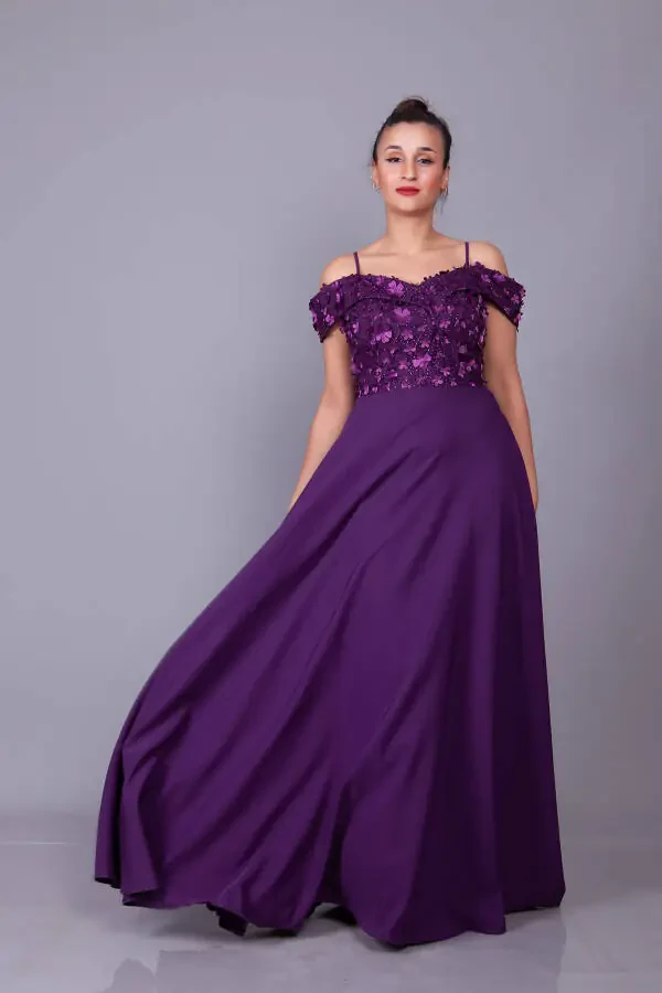 Mürdüm Askılı Düşük Omuz Çiçekli Tül Detay Maxi Boy Kloş Abiye Elbise-Mürdüm - 1