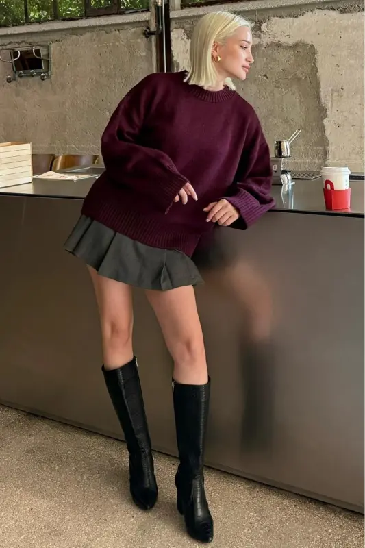 Mürdüm Bisiklet Yaka Oversize Triko Kazak MG1972-Mürdüm - 2