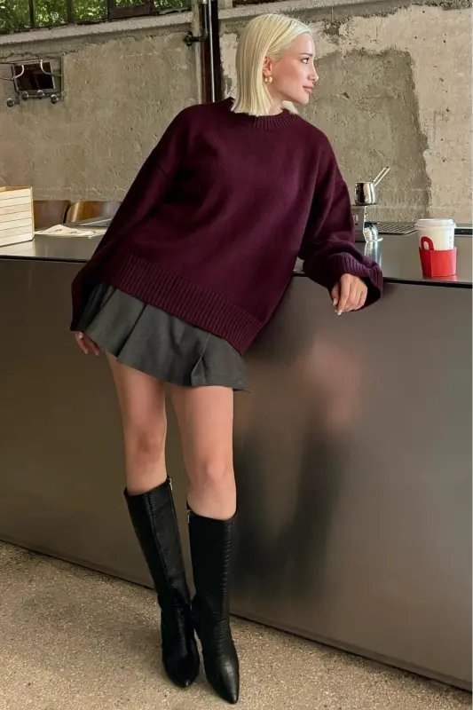 Mürdüm Bisiklet Yaka Oversize Triko Kazak MG1972-Mürdüm - 3