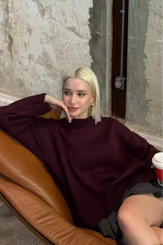 Mürdüm Bisiklet Yaka Oversize Triko Kazak MG1972-Mürdüm - 4