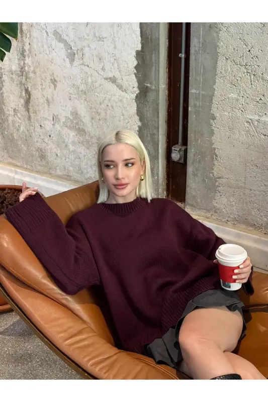 Mürdüm Bisiklet Yaka Oversize Triko Kazak MG1972-Mürdüm - 5