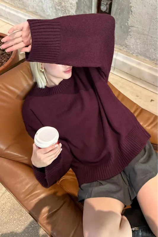 Mürdüm Bisiklet Yaka Oversize Triko Kazak MG1972-Mürdüm - 7