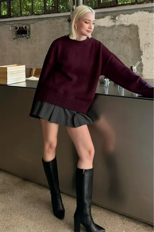 Mürdüm Bisiklet Yaka Oversize Triko Kazak MG1972-Mürdüm - 8