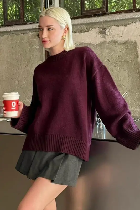 Mürdüm Bisiklet Yaka Oversize Triko Kazak MG1972-Mürdüm - MADMEXT