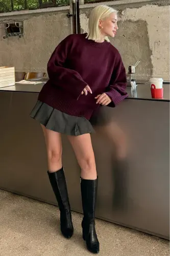 Mürdüm Bisiklet Yaka Oversize Triko Kazak MG1972-Mürdüm - MADMEXT (1)