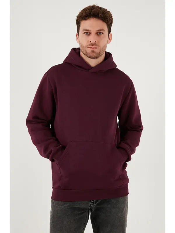 Mürdüm Slim Fit Kapüşonlu Kanguru Cepli İçi Tüylü Yumuşak Şardonlu Erkek Sweat 5905281-Mürdüm - LC WAIKIKI
