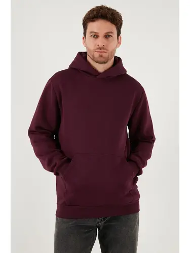 Mürdüm Slim Fit Kapüşonlu Kanguru Cepli İçi Tüylü Yumuşak Şardonlu Erkek Sweat 5905281-Mürdüm 