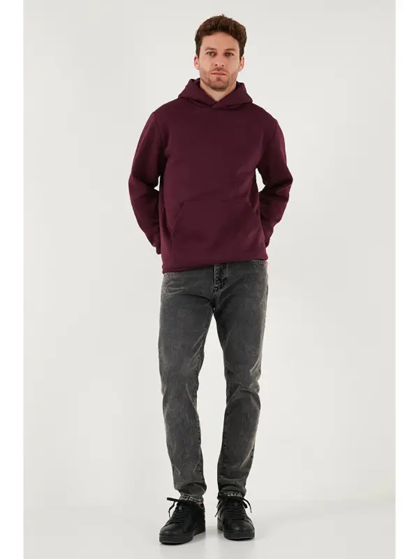 Mürdüm Slim Fit Kapüşonlu Kanguru Cepli İçi Tüylü Yumuşak Şardonlu Erkek Sweat 5905281-Mürdüm - 2