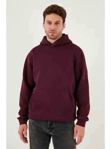 Mürdüm Slim Fit Kapüşonlu Kanguru Cepli İçi Tüylü Yumuşak Şardonlu Erkek Sweat 5905281-Mürdüm - 3