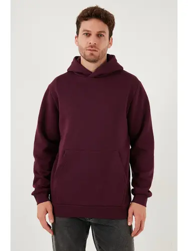 Mürdüm Slim Fit Kapüşonlu Kanguru Cepli İçi Tüylü Yumuşak Şardonlu Erkek Sweat 5905281-Mürdüm - 4