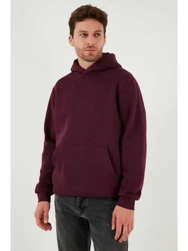 Mürdüm Slim Fit Kapüşonlu Kanguru Cepli İçi Tüylü Yumuşak Şardonlu Erkek Sweat 5905281-Mürdüm - 5