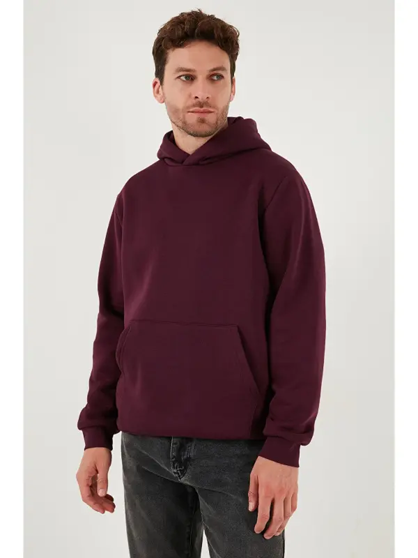 Mürdüm Slim Fit Kapüşonlu Kanguru Cepli İçi Tüylü Yumuşak Şardonlu Erkek Sweat 5905281-Mürdüm - 5