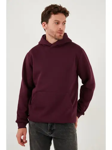 Mürdüm Slim Fit Kapüşonlu Kanguru Cepli İçi Tüylü Yumuşak Şardonlu Erkek Sweat 5905281-Mürdüm - 6
