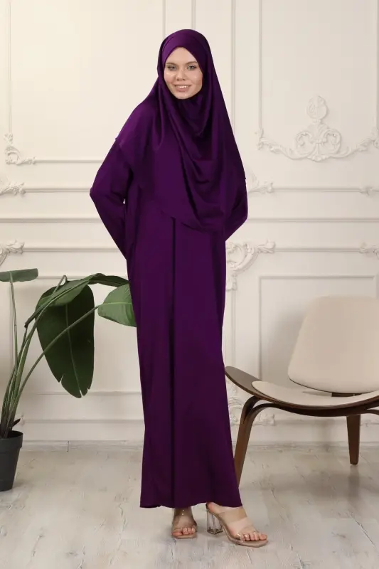 Mürdüm Tek Parça Kolay Kullanımlı Kendiliğinden Başörtülü Namaz Elbisesi-Mürdüm - 4