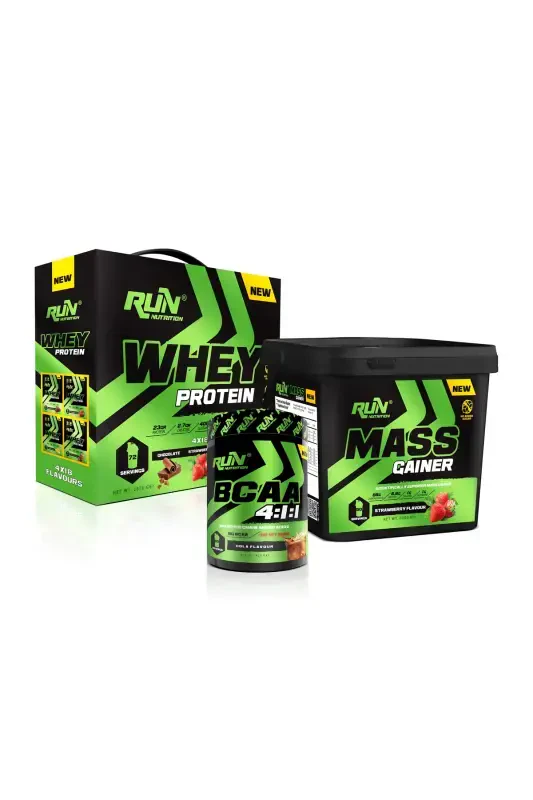 Muscle, Volume Pack - Whey Protein 72 Sachets 4 Flavors, Mass Gainer 5kg Strawberry, BCAA Cola - 2 Gifts - 1