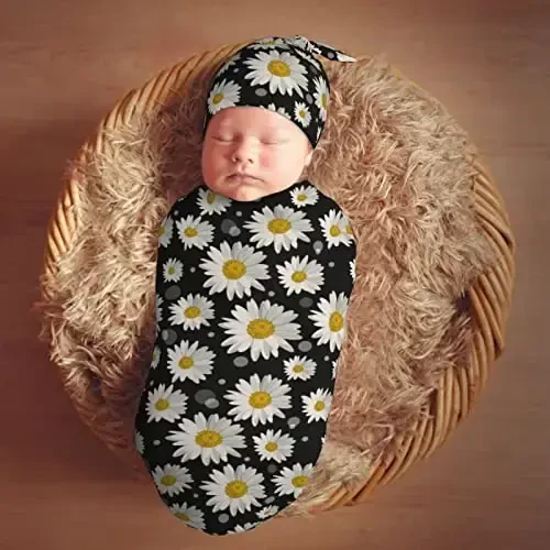 Muishi White Daisies Newborn Swaddle Blankets Hat Sets Soft Baby Receiving Blanket Swaddle Sack for Baby Shower Infant Boy Girl Gift - 7