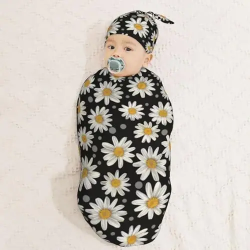 Muishi White Daisies Newborn Swaddle Blankets Hat Sets Soft Baby Receiving Blanket Swaddle Sack for Baby Shower Infant Boy Girl Gift - 3