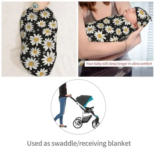 Muishi White Daisies Newborn Swaddle Blankets Hat Sets Soft Baby Receiving Blanket Swaddle Sack for Baby Shower Infant Boy Girl Gift - 4