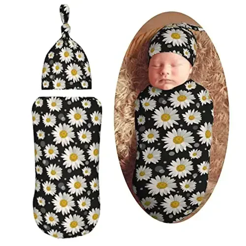 Muishi White Daisies Newborn Swaddle Blankets Hat Sets Soft Baby Receiving Blanket Swaddle Sack for Baby Shower Infant Boy Girl Gift - MODAZONE