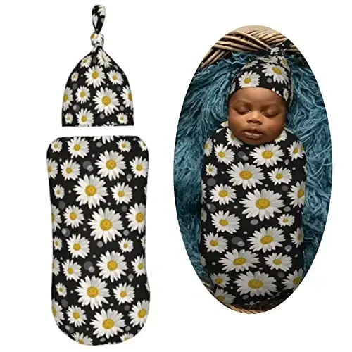 Muishi White Daisies Newborn Swaddle Blankets Hat Sets Soft Baby Receiving Blanket Swaddle Sack for Baby Shower Infant Boy Girl Gift - MODAZONE (1)
