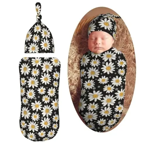 Muishi White Daisies Newborn Swaddle Blankets Hat Sets Soft Baby Receiving Blanket Swaddle Sack for Baby Shower Infant Boy Girl Gift 