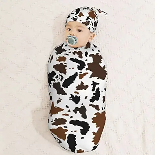 Muishi Brown Black Cow Skin Newborn Swaddle Blankets Hat Sets Soft Baby Receiving Blanket Swaddle Sack for Baby Shower Infant Boy Girl Gift - 3