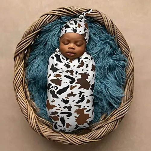 Muishi Brown Black Cow Skin Newborn Swaddle Blankets Hat Sets Soft Baby Receiving Blanket Swaddle Sack for Baby Shower Infant Boy Girl Gift - 6