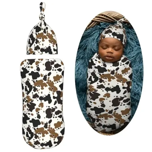 Muishi Brown Black Cow Skin Newborn Swaddle Blankets Hat Sets Soft Baby Receiving Blanket Swaddle Sack for Baby Shower Infant Boy Girl Gift - MUISHI (1)