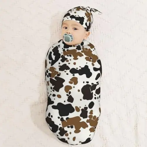 Muishi Brown Black Cow Skin Newborn Swaddle Blankets Hat Sets Soft Baby Receiving Blanket Swaddle Sack for Baby Shower Infant Boy Girl Gift - 3