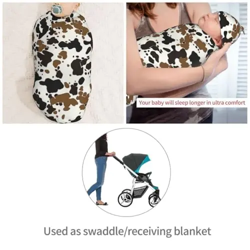 Muishi Brown Black Cow Skin Newborn Swaddle Blankets Hat Sets Soft Baby Receiving Blanket Swaddle Sack for Baby Shower Infant Boy Girl Gift - 4