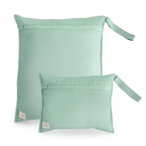 mushie Water Resistant Wet Bags | Large & Small Reusable Storage Bag for Baby Items and Travel | Zippered Pockets with Handle | Machine Washable, Set of 2 (Roman Green) 